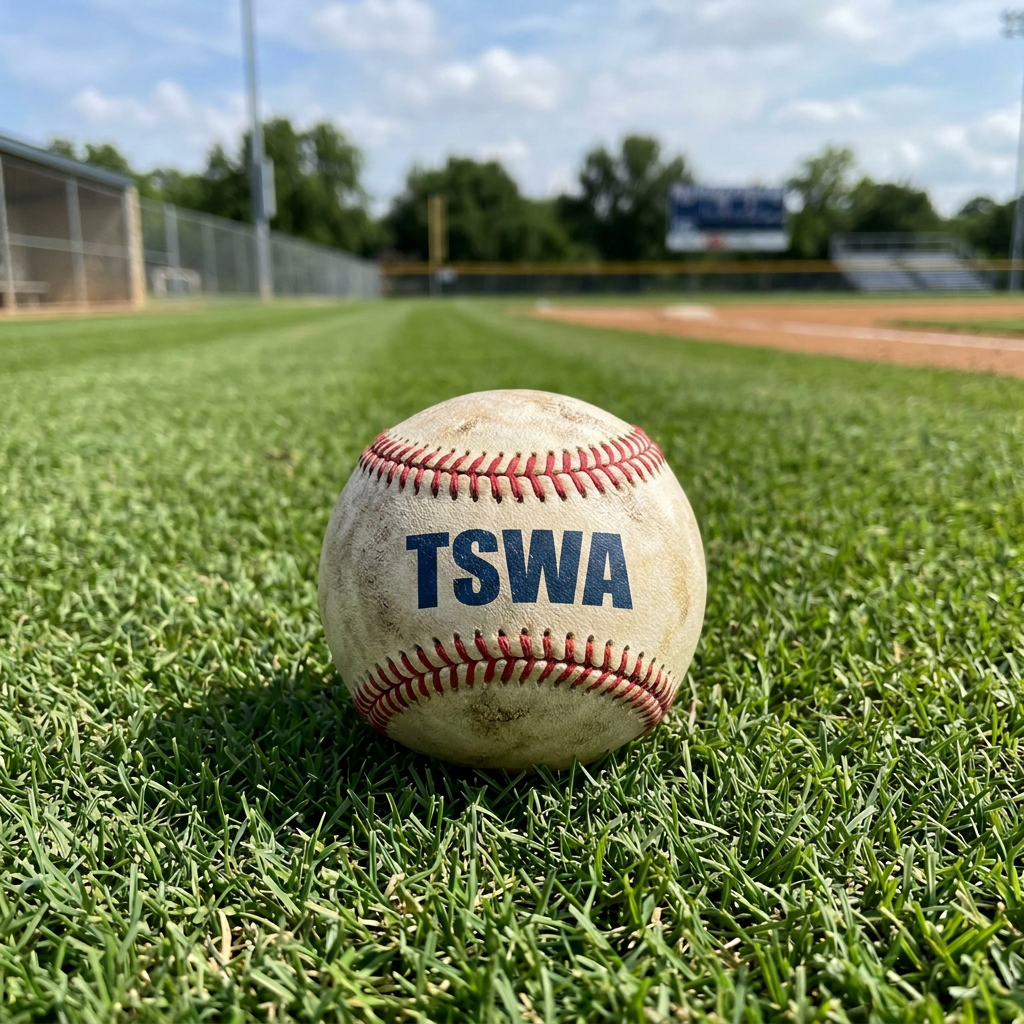 Baseball with THSCA logo on grass near baseball field